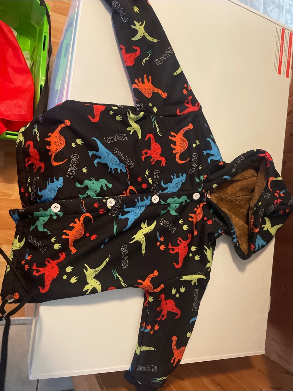 Kids Black Dino Print Hooded Coat